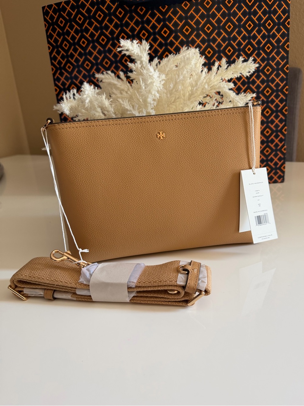 New, tory burch blake swingpack crossbody warm biscuit 176874
